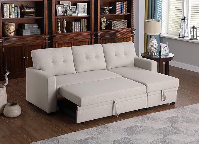 ACQCA 82" Convertible Sectional Sleeper Sofa with Storage Chaise, L Shaped Pull Out Couch Bed with 3 Tufted Back Cushion for Living Room, Apartment,Office,Light Gray
