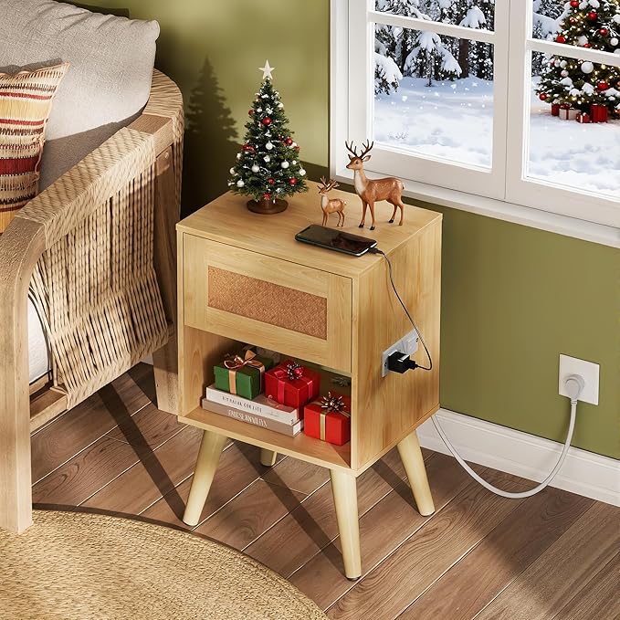 WLIVE Rattan Nightstands Set of 2 with Charging Station, Boho Nightstand, Wood Side Table, Small End Table with Drawers for Bedroom, Natural Oak