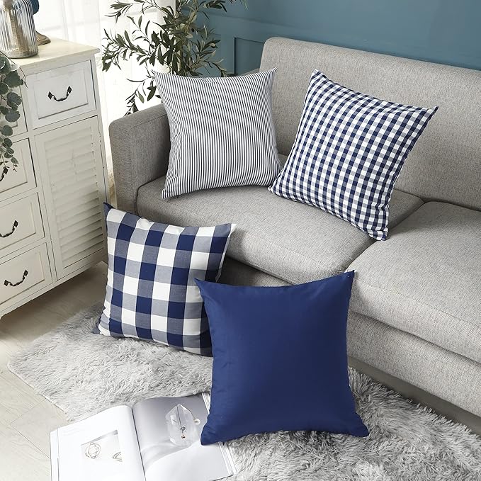 CARRIE HOME Navy Blue Plaid Outdoor Throw Pillow Covers 18x18 Set of 2 Blue and White Gingham Pillow Covers Farmhouse Decor for Bedroom and Christmas Holiday