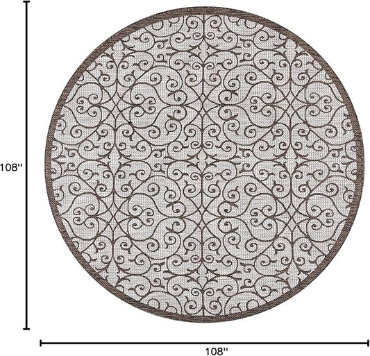 JONATHAN Y Vintage Filigree Indoor Outdoor Round Area Rug 9 Ft Taupe/Espresso, Madrid Textured Weave for Backyard, Patio, Porch, Easy-Cleaning, High Traffic, Pet-Friendly, Non-Shedding (SMB107C-9R)