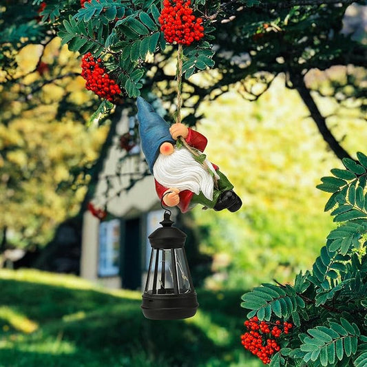 Solar Hanging Gnome Garden Statues Climbing Rope Gnome with LED Lantern Spring Outdoor Decor Tree Hugger Yard Porch Wall Fence Decoration Easter Christmas Birthday Gifts for Mom Women