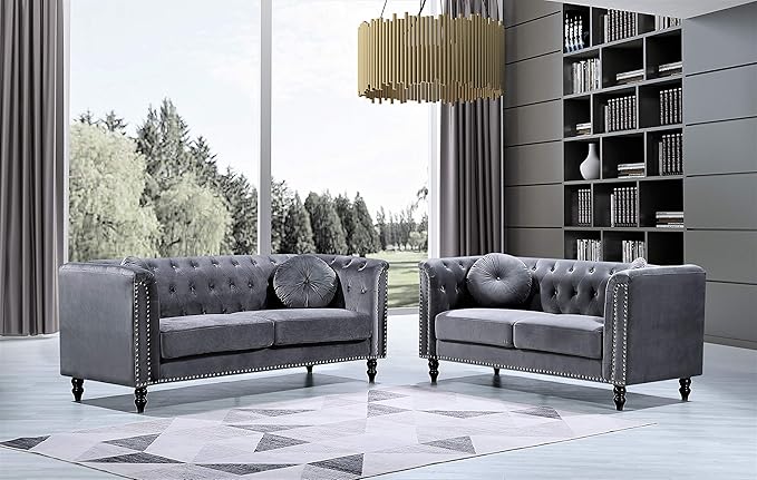 Container Furniture Direct S5370-S Kittleson Velvet Upholstered Modern Chesterfield Sofa with Nailhead Trim, Gray
