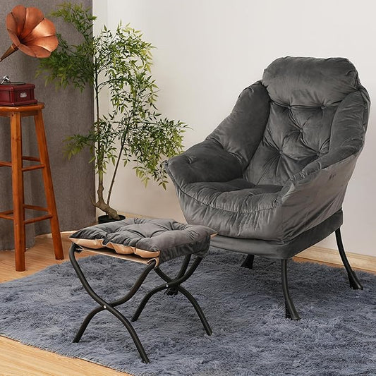 Kokel Lazy Chair with Folding Ottoman,Living Room Chairs, Accent Contemporary Lounge Chair, Single Steel Frame Leisure Sofa Chair with Armrests and A Side Pocket (Dark Gray)
