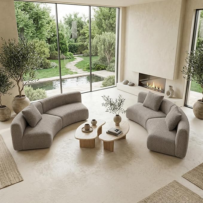 Acanva Modern Curved Sectional Living Room Couch, Minimalist Comfy Boucle Fabric Modular Sofa for Apartment, Home Office, 3-Piece Set (3 x Armless Chair), Light Coffee | Boucle Fabric, Modular, Minimalist, Comfy
