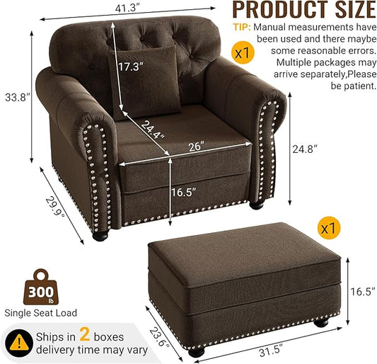 KEIKI 41" Velvet Chesterfield Sofa with Rolled Arms & Nailhead Trim & 1 Ottoman, Modern 1-Seater Button Tufted Couch with High Resilience Cushion & 1 Pillow, Easy Assembly, for Living Room, Brown