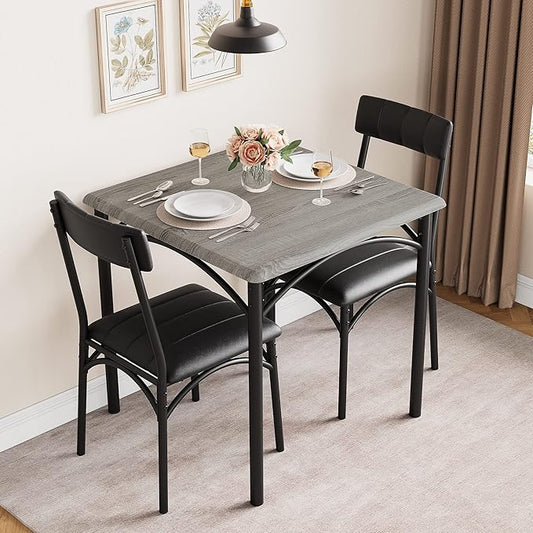 3-Piece Dining Table Set for 2, Kitchen Table Set with 2 Upholstered Chairs, Square Dining Table Set for Apartment, Studio, Small Space, Gray