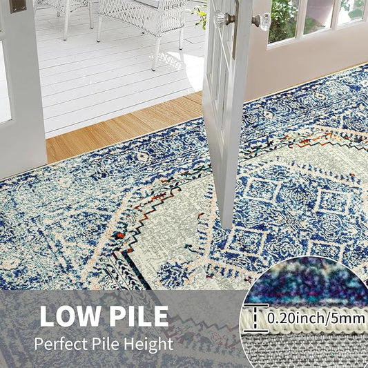 Easy-Going Boho Area Rug 3x5 Entryway Rug Washable Inside Door Mats for Home Entrance Non-Slip Vintage Distressed Small Rugs for Entry Living Room Bedroom Kitchen Office Lightweight Carpet, Blue Cream