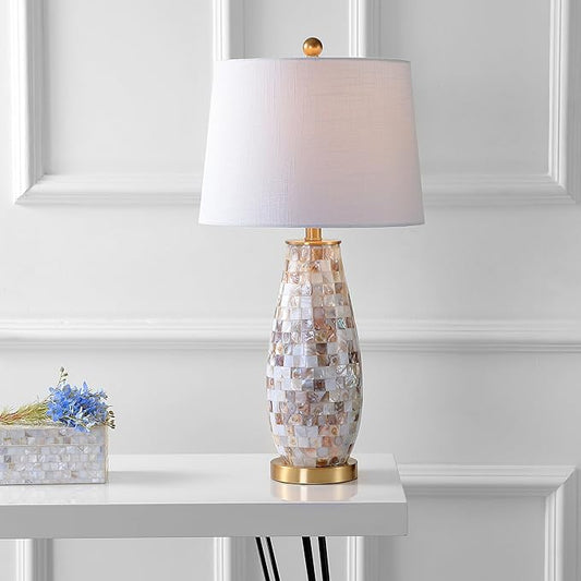 JONATHAN Y 28" Natural Mosaic Seashell Table Lamp, Coastal Contemporary Resin Lamp for Living Room Bedroom, White Linen Shade, Brass Gold Accents, LED Bulb Included JYL4005A