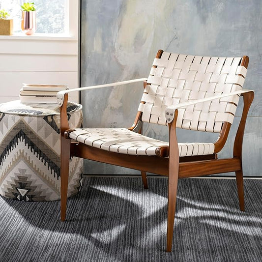Safavieh Couture Collection Dilan White and Light Brown Leather Safari Chair