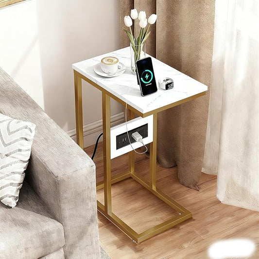 VECELO C-Shaped End Side Table Set of 2, with Charging Station & Two USB Ports and Outlets for Living Room, Bedroom, with Adjustable Feet for Couch/Sofa, Bedside, Small Spaces, Gold