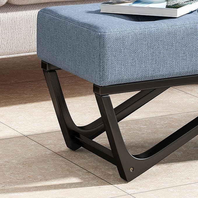 Ball & Cast Modern Tufted Upholstered Entryway Bench Ottoman, 47.5" Padded Bed of End Stool Seating with Faux Wooden Frame, for Living Room Bedroom Kitchen, Blue