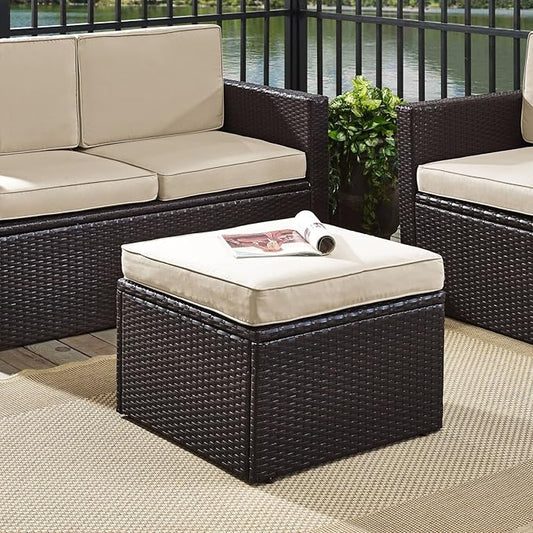 Crosley Furniture Palm Harbor Wicker Outdoor Ottoman Foot Rest for Patio, Deck, Porch, Brown with Sand Cushions