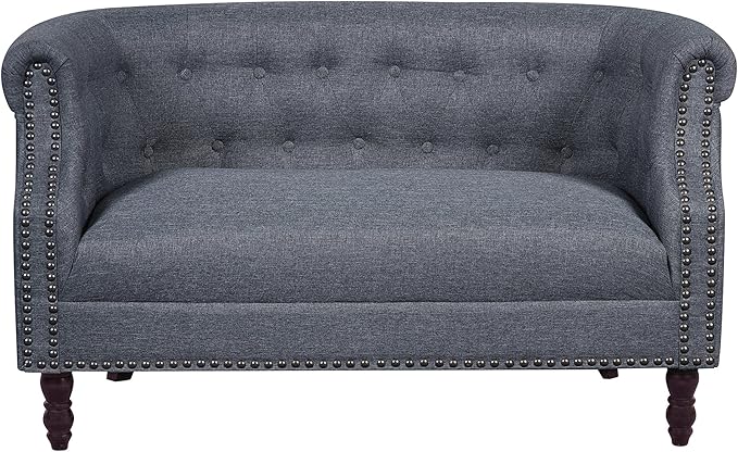 Container Furniture Direct Huton Collection Contemporary Upholstered Linen Wingback Loveseat with Solid Wood Frame and Button Tufted Details, Dark Grey