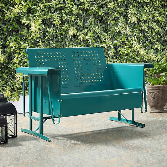 Crosley Furniture Bates Retro Metal Outdoor Loveseat Glider, 2-Person Rocking Patio Bench for Porch, Deck, Turquoise Gloss