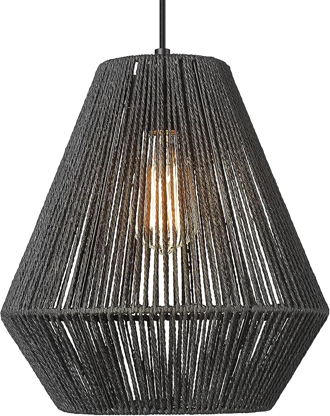 ELYONA Modern Woven Pendant Light Fixtures 12" Farmhouse Coastal Hanging Lamp Matte Black Handwoven Rattan Basket Shade Boho Pendant Light for Kitchen Island Dining Room Bar Bedroom Foyer Hallway