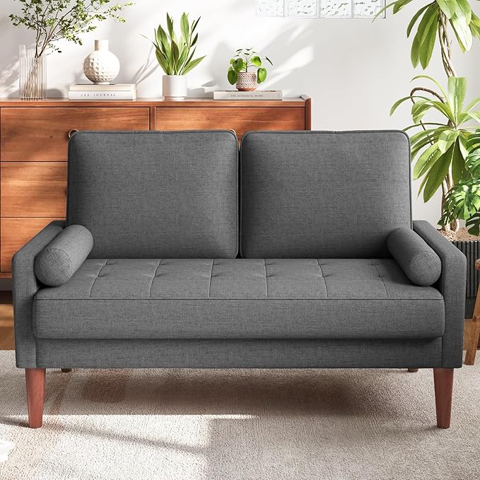 Vesgantti Loveseat Sofa with Solid Wood Legs, 48" Small Couches for Small Spaces, Love Seat for Living Room, Bedroom, Easy Assembly Mid Century Modern Couch with Throw Pillow for Apartment, Grey