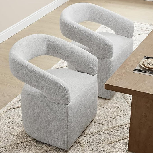 Upholstered Dining Chairs with Casters Easy Assembly Require Modern Barrel Armchair with Rollers for Diningroom Bedroom Livingroom Reading Room,Set of 2,Light Grey