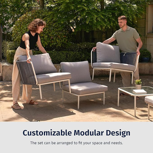 East Oak 5-Piece Montauk Modular Patio Furniture Set, Outdoor Sectional Sofa with Cushion and Glass Coffee Table, Modern Patio Conversation Set for Garden, Backyard and Porch, Grey