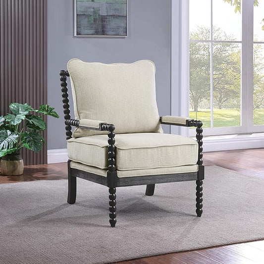 OSP Home Furnishings Eliza Spindle Accent Chair, Linen Fabric with Black Wood