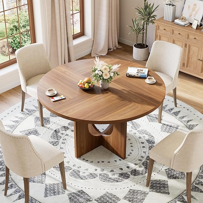 IDEALHOUSE 47" Round Dining Table, Kitchen Table for 4-6 People, Circle Tables with Sturdy Pedestal Base, Space Saving Dinning Room Furniture for Living Room, Kitchen, Apartment, Brown
