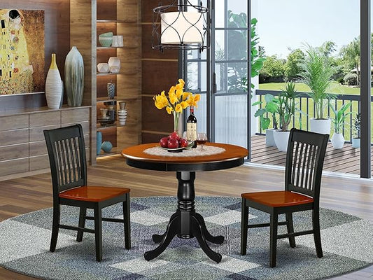 East West Furniture ANNO3-BCH-W 3 Piece Kitchen Table & Chairs Set Contains a Round Dining Room Table with Pedestal and 2 Solid Wood Seat Chairs, 36x36 Inch, Black & Cherry