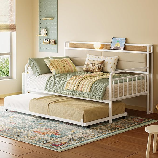 LIKIMIO Daybed with Trundle, Sturdy Metal Twin Bed Frame with Upholstered Headboard and Charging Station for Living Room, Bedroom and Guest Room, White