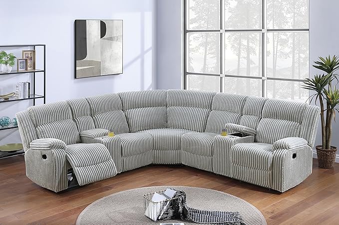 Oversized L-Shaped Power Reclining Sectional Sofa Motion Recliner Couch ,Corduroy Upholstered Symmetrical Recliner Sofa&Couch W/2 Console Storage, Cupholders, USB Ports for Home Theater Living Room