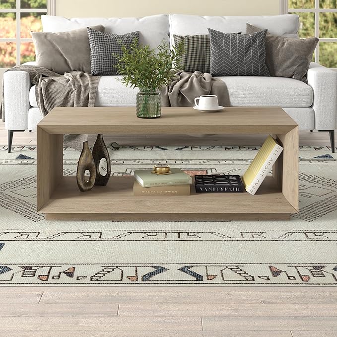 Henn&Hart 48" Rectangular Coffee Table with Open Storage Shelf for Living Room, Family Room, or Office, Weathered Gray