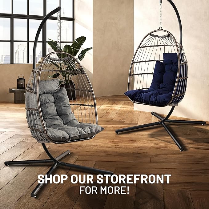 SereneLife Egg Chair with Stand – Hanging Rattan Wicker Swing for Indoor Outdoor Use – 350 lbs Capacity, Breathable Cushion & Headrest – Patio, Balcony, Porch, Bedroom Lounge Furniture