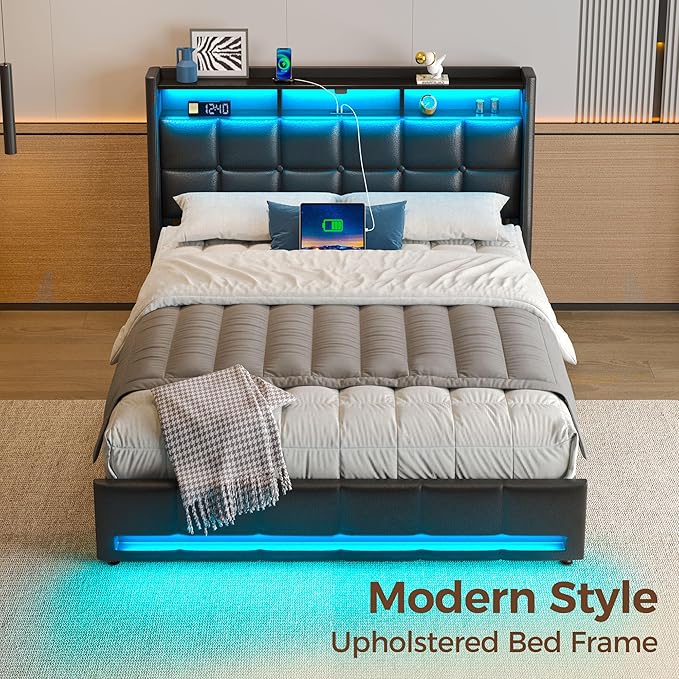 Rolanstar Queen Size Bed Frame with LED Lights and Charging Station, Upholstered Headboard with 2-Tier Storage Shelves, Heavy Duty Metal Frame, Noise-Free Support, Easy Assembly, No Box Spring Needed