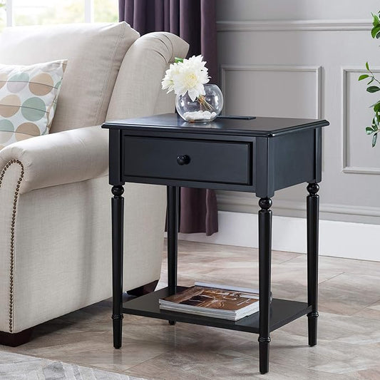 Leick Home Coastal End Table, Solid Wood, USB-C Charging Station, 1 Storage Drawer, Bottom Shelf, Easy-Assembly, For Bedroom/Living Room, Black Swan, 15.8 in. L x 24.0 in. W x 28.1 in. H, 20022-BK