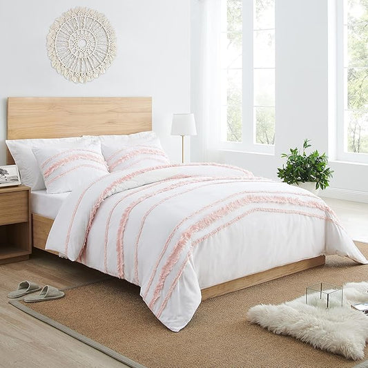 Sweet Jojo Designs 3-Piece Queen Comforter Set (Pink Cotton Boho Bohemian) for Girls, Teen, Kids Full Size Bedding, Bed in a Bag incl. Blanket & Pillow Sham (Blush, Farmhouse, Shabby Chic, Designer)