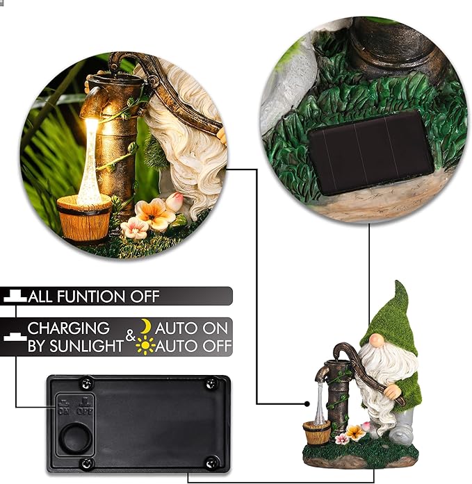 TERESA'S COLLECTIONS Garden Outdoor Decor, Garden Gnomes Decor with Solar Lights, St Patricks Decorations for Outdoor Decor, Waterproof Resin Decorations for Porch Patio, Gift for Dad and Mom, 9"