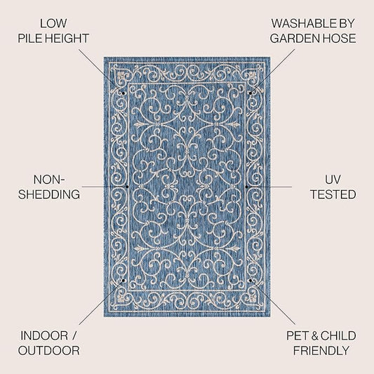 JONATHAN Y Vintage Filigree Indoor Outdoor Square Area Rug 5X5 Navy/Gray, Charleston Textured Weave for Backyard, Patio, Porch, Easy-Cleaning, High Traffic, Pet-Friendly, Non-Shedding (SMB106D-5SQ)