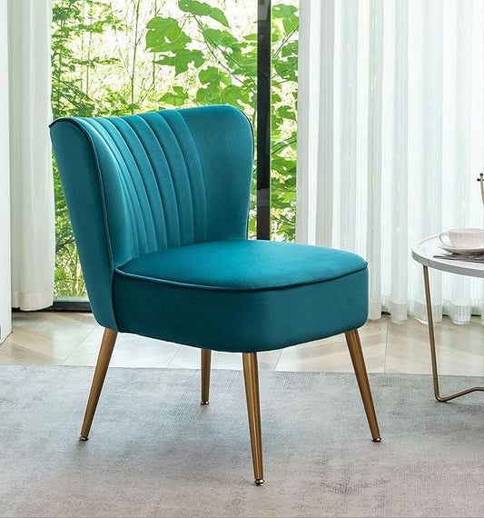 Modern Velvet Accent Chair for Living Room, Bedroom, or Entryway, Stylish and Comfortable Armless Design with Metal Legs, Greynish Blue