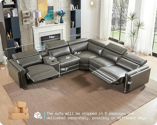 AMERLIFE Power Recliner Sofa, 129 Inch Oversized Reclining Sofa with Console & Speaker, 5 Seats L Shaped Sectional Couch for Living Room, Dark Grey Leather