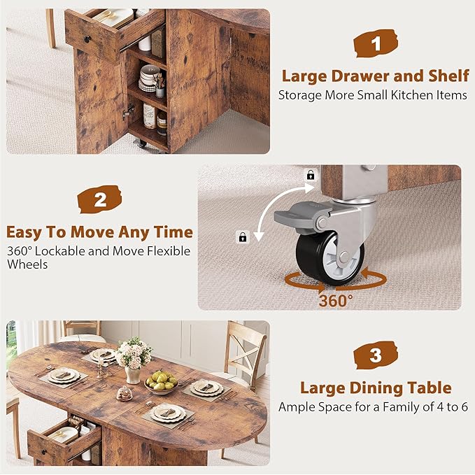 Round Folding Dining Table for 6, Space Saving Drop Leaf Kitchen Table with Storage Drawer, 6 Wheels Oval Gateleg Foldable Dining Table for Small Spaces (Vintage, 51" x 31.5" x 30")