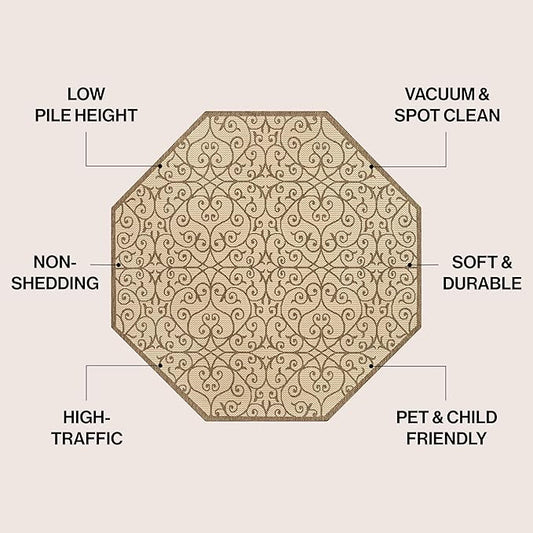 JONATHAN Y Vintage Filigree Indoor Outdoor Octagon Area Rug 8 Ft Beige/Brown, Madrid Textured Weave for Backyard, Patio, Porch, Easy-Cleaning, High Traffic, Pet-Friendly, Non-Shedding (SMB107B-8TGN)