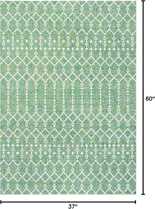 JONATHAN Y Moroccan Geometric Indoor Outdoor Area Rug 3X5 Green/Cream, Ourika Textured Weave for Backyard, Patio, Porch, Easy-Cleaning, High Traffic, Pet-Friendly, Non-Shedding (SMB108L-3)