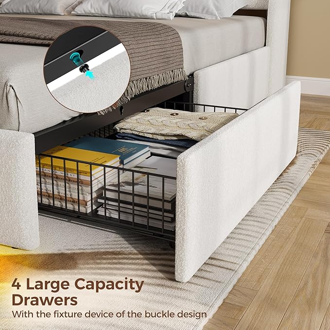 Rolanstar Queen Size Bed Frame with LED Lights and Charging Station, Upholstered Bed Storage Headboard & Drawers, Heavy Duty Wood Slats, Easy Assembly, White