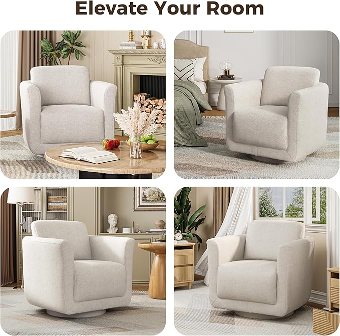 Swivel Accent Chair, 360° Upholstered Swivel Chair, 350 lbs Capacity, Kiln Dried Solid Wood Frame Lumbar Cushion,FSC Certified Upholstered Chair for Living Room Bedroom,Beige