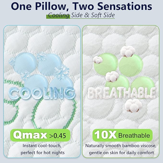 Cooling Pillows, Shredded Memory Foam Pillows Standard Size Set of 2 Adjustable Firm Bamboo Bed Pillows for Hot, Side, Back and Stomach Sleepers