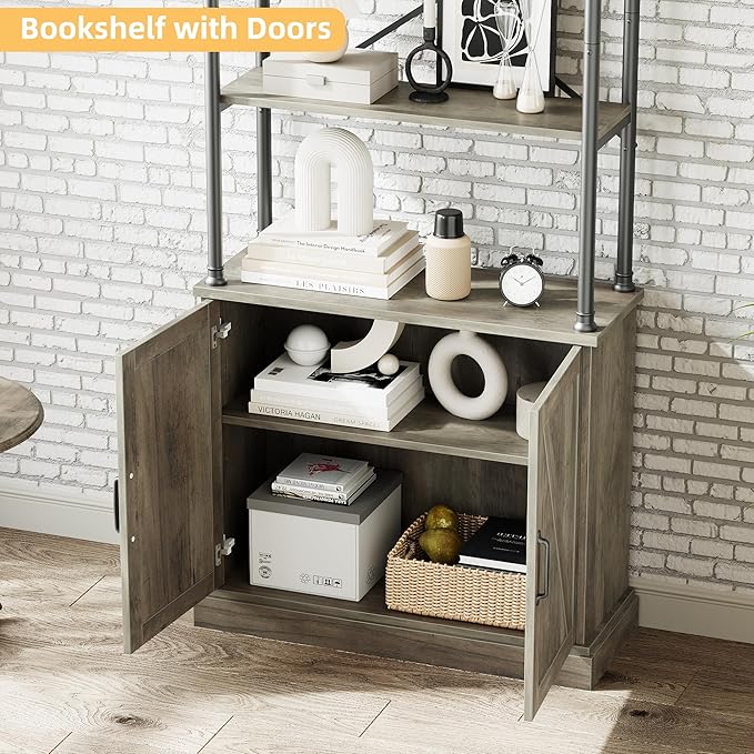 IDEALHOUSE Tall Bookshelf with Doors 73.62in Industrial Storage Open Rack Shelf with Cabinet Wood and Metal Bookcase Farmhouse Bookshelves Large Vintage Display Rack Home Office