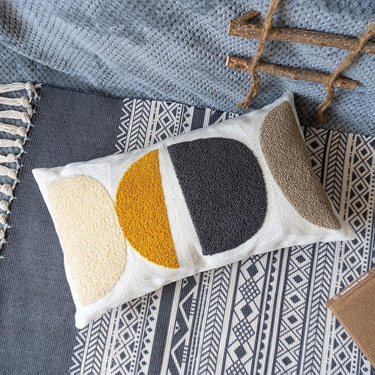 Boho Lumbar Decorative Pillow Cover, Abstract Geo Throw Pillowcase for Retro Mid Century Accent Decor, Modern Rectangle Textured Home Bed Couch Sofa Cushion Sham 12x20, 1PCS(Black Mustard)