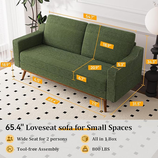 Vipbear 65.4" Loveseat Sofa Green Corduroy Couch, Mid-Century Modern Small Couches for Living Room, Bedroom, Office, Comfy Sofa with Spring Cushion, Solid Wood Frame, Tool-Free Assembly