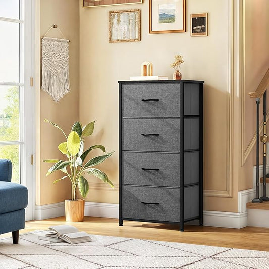 DWVO Storage Tower with 4 Drawers - Fabric Dresser, Organizer Unit for Room, Living Room, Closets - Sturdy Steel Frame, Easy Pull Fabric Bins & Wooden Top