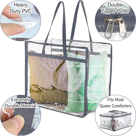 Clear Vinyl Zippered Storage Bags (3-Pack) 40L Sturdy Storage Bags for Sweaters, Blankets, Comforters, Bedding Sets and Much More! (Gray, 18x15x9)