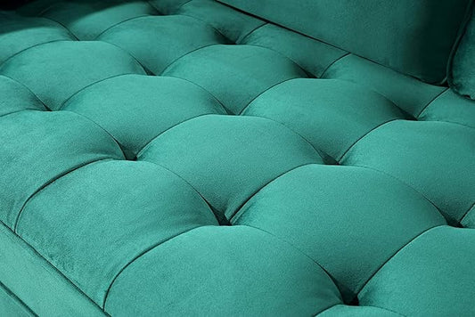 Container Furniture Direct Womble 58 Inch Velvet Loveseat Sofa with Elegant Button Tufted Upholstery, Square Arms, Splayed Wood Legs, Includes Matching Bolster Pillows, Grass Green