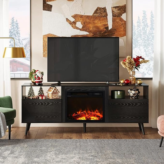 WLIVE Fireplace TV Stand for 55 65 Inch TV, Mid-Century Entertainment Center with Electric Fireplace, Media TV Console with Extra Open Shelf & Storage Cabinets for Living Room, Bedroom, Black