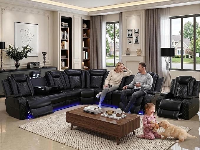 Power Reclining Sectional Sofa Set with LED, Living Room Furniture Sets, Leather Recliner Couch for Living Room/Home Theater, Sectional Couch and Chair with 3 Recliners, USB Port/Hide-Away Storage